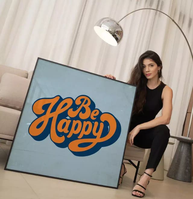 Quadro Decorativo Be Happy Tipografia Vintage com Textura